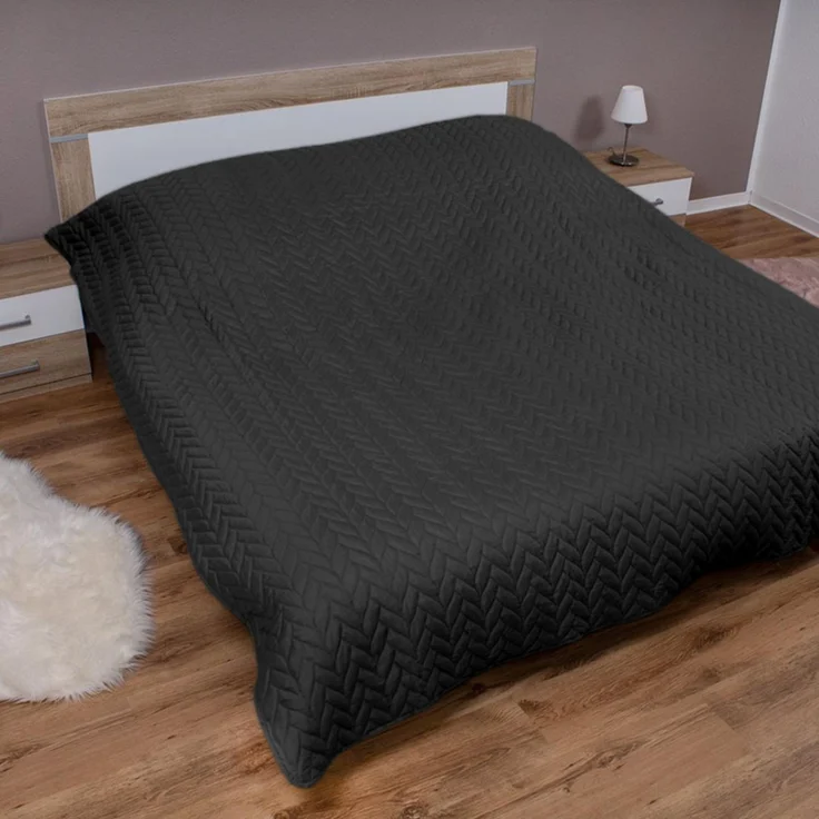 Tagesdecke ( Schwarz ) 220x240 cm mit wattierter Zwischenlage, Bettüberwurf - Überwurfdecke, Sommerdecke gesteppt - Steppdecke, Wendedecke – Bild 1