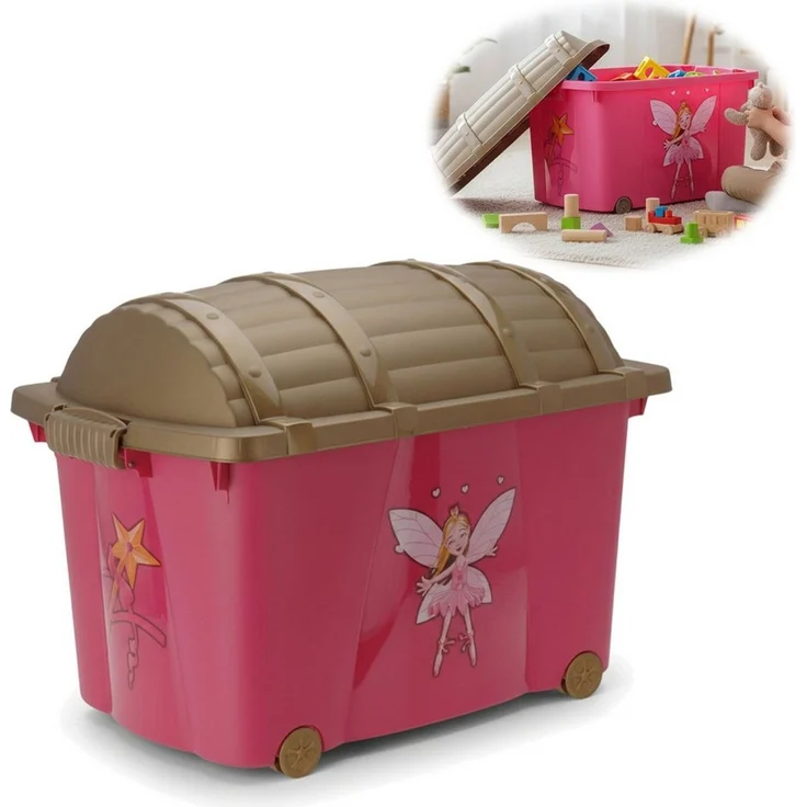 LS-LebenStil Spielzeugtruhe XL Spielzeugkiste Prinzessin Fee Aufbewahrungsbox Rollbox Rollen (Süßes Rosa Pink mit Deckel in Gold, 1 St, Kinderzimmer, Aufbewahrung für Kuscheltiere, Rollbox), Spielzeugbox Feen Mädchen Geschenk kinderleicht verschließen – Bild 1