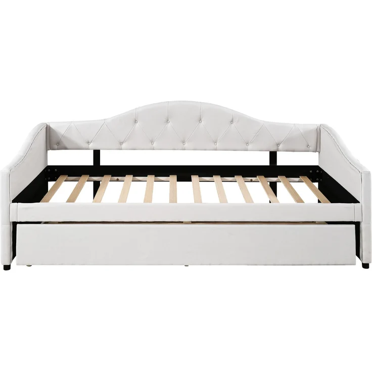 Merax Daybett, 90x200cm Tagesbett mit ausziehbarem Bett,Schlafsofa, Einzelbett(Ohne Matratze), Leinen, minimalistisches Styling, beige – Bild 8