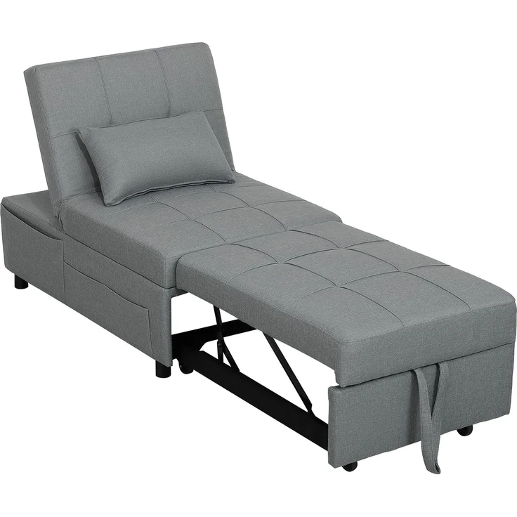 3-in-1 Klappsessel mit Seitentasche, Gästebett mit Kissen, verstellbarer Rückenlehne, Bettsessel mit Rollen, Hellgrau--Hellgrau--104x65.5x81cm--YOUDENOVA – Bild 2
