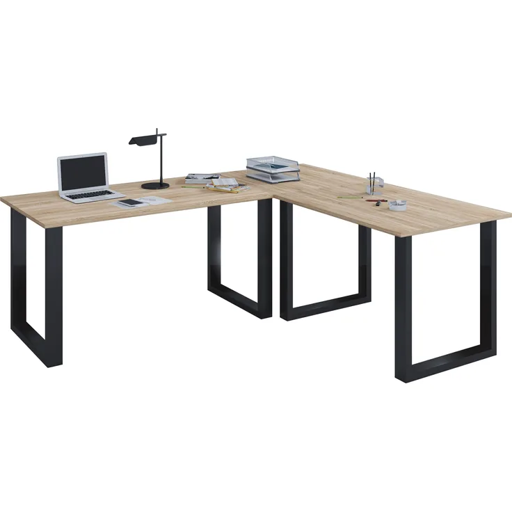 VCM Schreibtisch Lona 916396 Schwarz / Sonoma-Eiche H. 76 x B. 160 x T. 130 cm