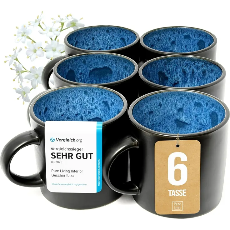 Steingut kleine Tassen 6 Pers. Ibiza Hochwertiges Mediterranes TEST SEHR GUT Tassen Set, Spülmaschinen-, Mikrowellen- und Kratzfest - Stylisches Tee- und Kaffeebecher Set - Pure Living in Tiefblau