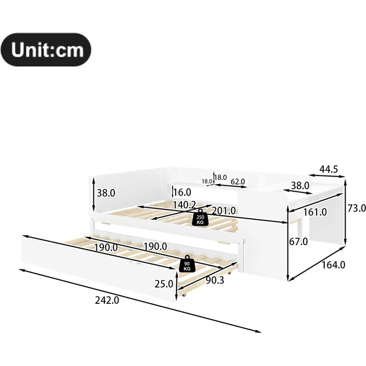 Multifunktionales Holzbett 140×200 cm mit Schreibtisch, ausziehbarem Rollbett & Regalen – platzsparendes Doppelbett – Bild 7