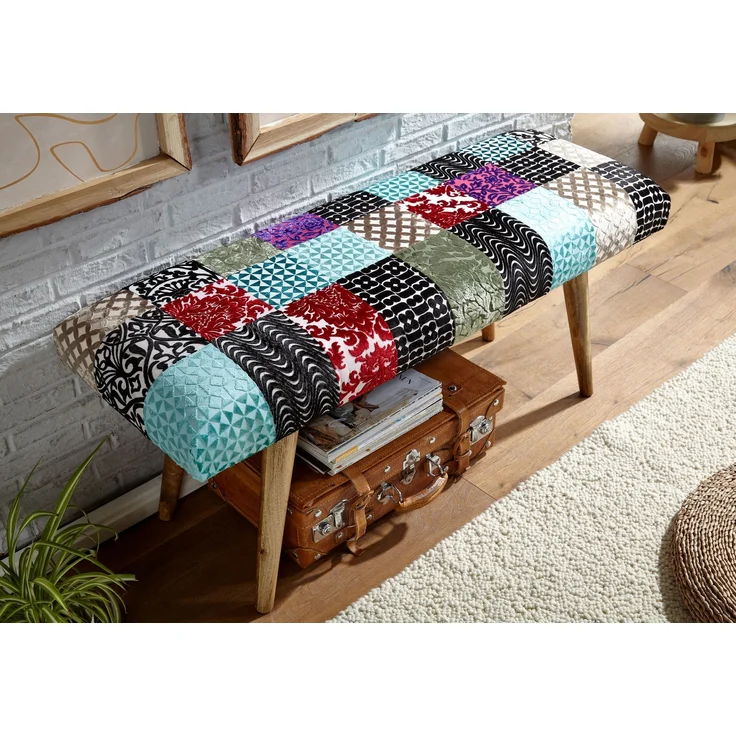 Sitzbank Patchwork Samt Massivholz 117x51x38cm Polsterbank Modern Flur Esszimmer – Bild 9