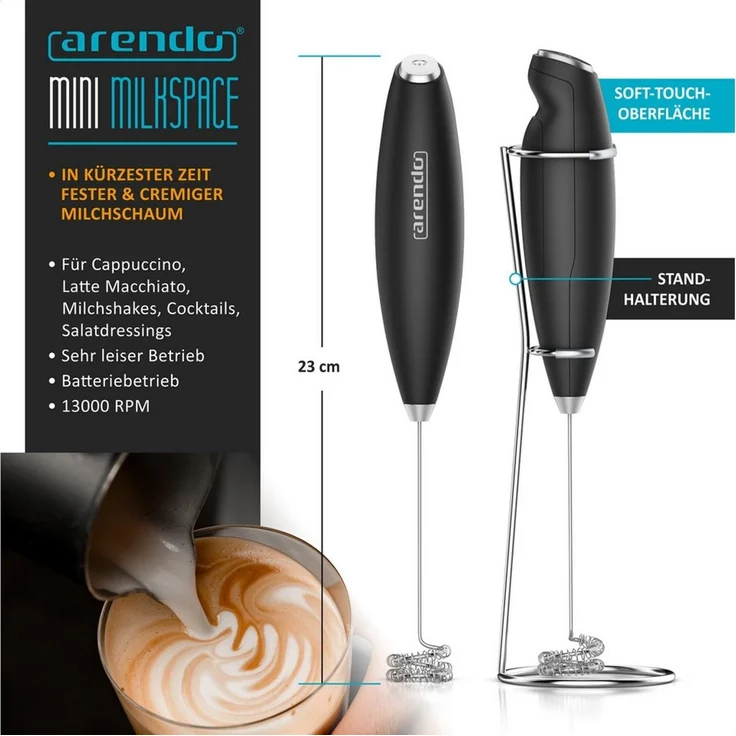Arendo Milchkännchen mit Stab Milchaufschäumer elektrisch Handmilchaufschäumer + Milchkanne, 0,35 l, (1-St), Edelstahl, 350ml mit Messskala, Schneebesen und Dual-Quirl – Bild 2