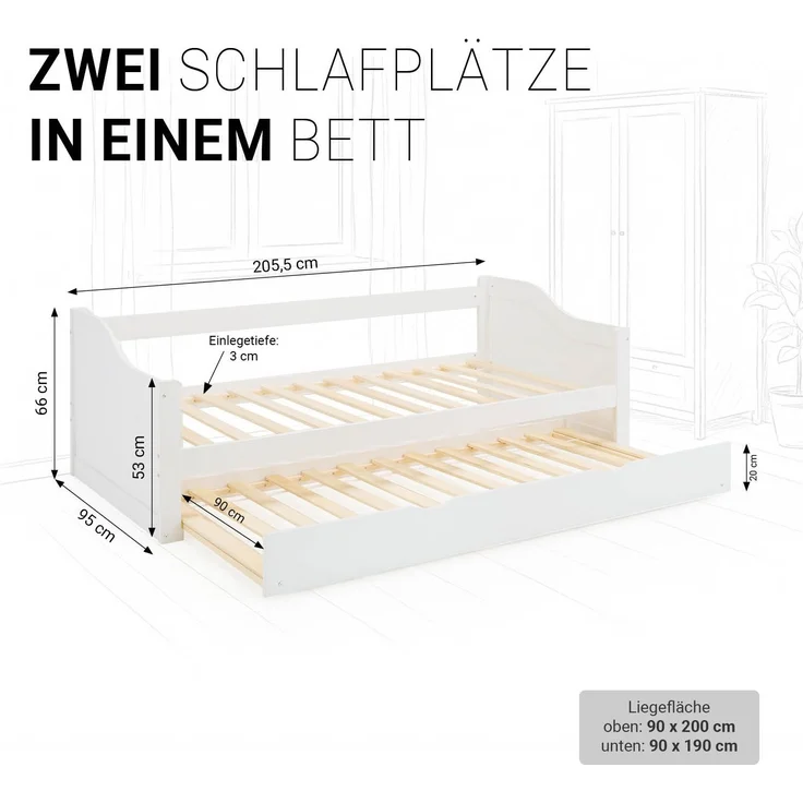 Gästebett Holzbett 90x200 cm mit 2 Matratzen Weiß Tagesbett ausziehbar Jugendbett Ausziehbett Funktionsbett – Bild 3