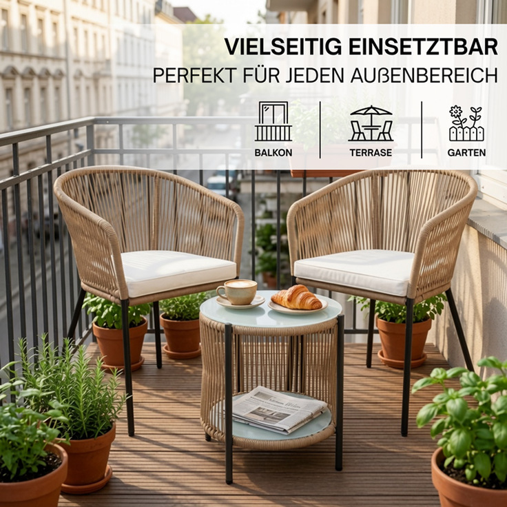 Balkonset Gartenset Bistro Set Gartenmöbel Set Outdoor Rope Sitzgruppe Beige – Bild 5