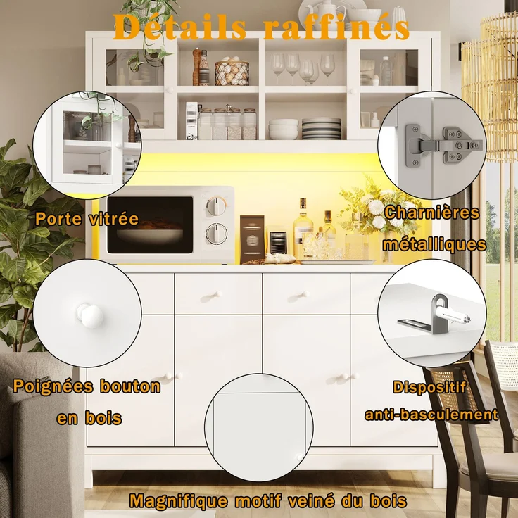 ZUBALIYA Hochbuffetschrank 140*38.5*180cm mit App-gesteuerter RGB-LED / verstellbare Einlegeböden, mit glastüren & 4 Schubladen und belastbar bis 100kg, Naturholz-Optik – Bild 7