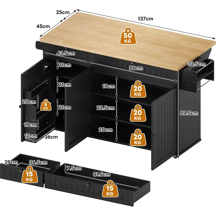 Merax Kücheninsel mit klappbarer Arbeitsplatte, Küchenschrank auf 6 feststellbaren Rollen, mit Ablage, Türregal, 2 großen Schubladen und Schrank, Schwarz, 137 x 89,5 x 45 cm – Bild 4