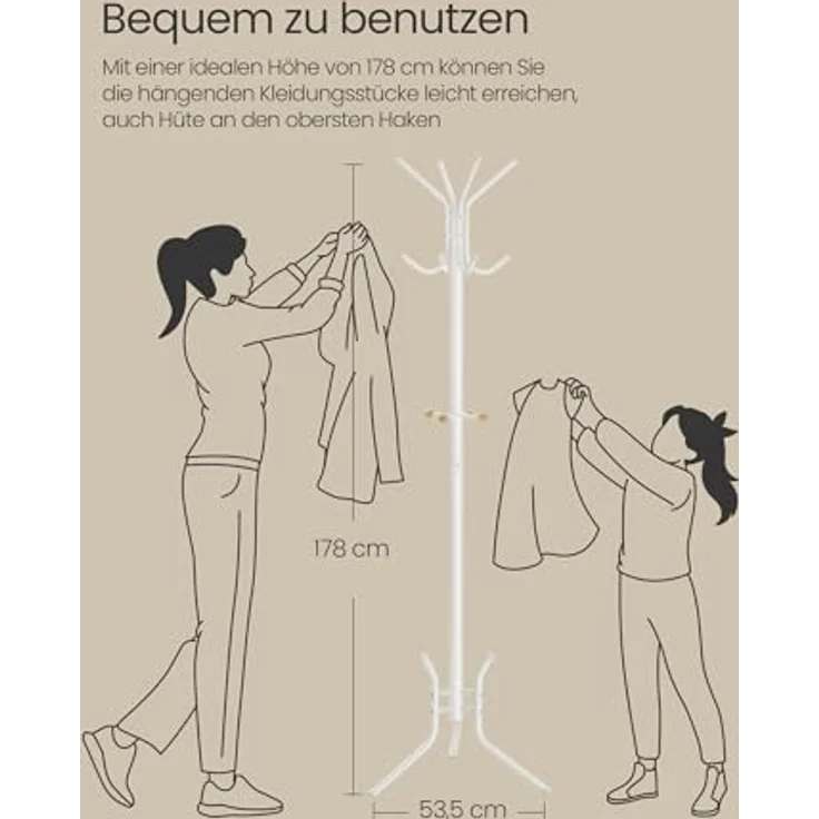 SONGMICS Garderobenständer aus Metall, stabiler Kleiderständer, Garderobe, für Kleidung, Taschen und Hüte, Höhe 178 cm, mit 12 Haken, perlweiß RCR017W01 – Bild 7
