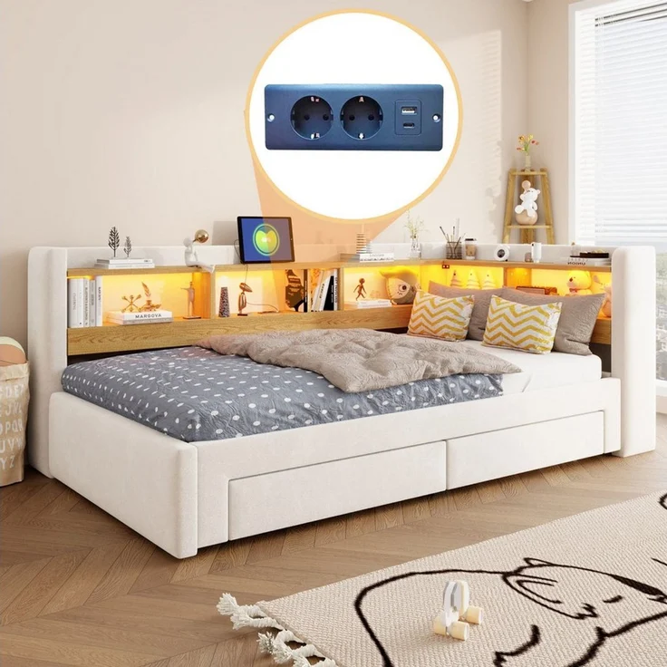 i@home Daybett 90x200 cm Tagesbett, Ausziehbett zum 180x200 cm Doppelbett, Beige, mit ausziehbarem Bett, 3-in-1 Tagesbett mit Schubladen,LED, Steckdose – Bild 4