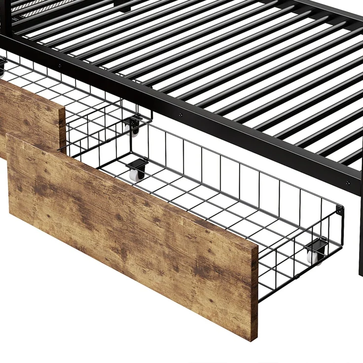 Etagenbett mit Schubladen, RGB LED-Streifen, Kleiderstange, Regal, Lattenrost und Leiter, 90x200 cm, Kinderbett mit Rausfallschutz, Metallbett – Bild 10