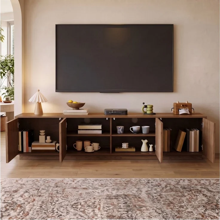 oleyluckidea TV-Schrank 200cm für 75-Zoll TVs,TV Lowboard mit Stauraum,Lowboard Nussfarbe Breite 200 cm – Bild 3