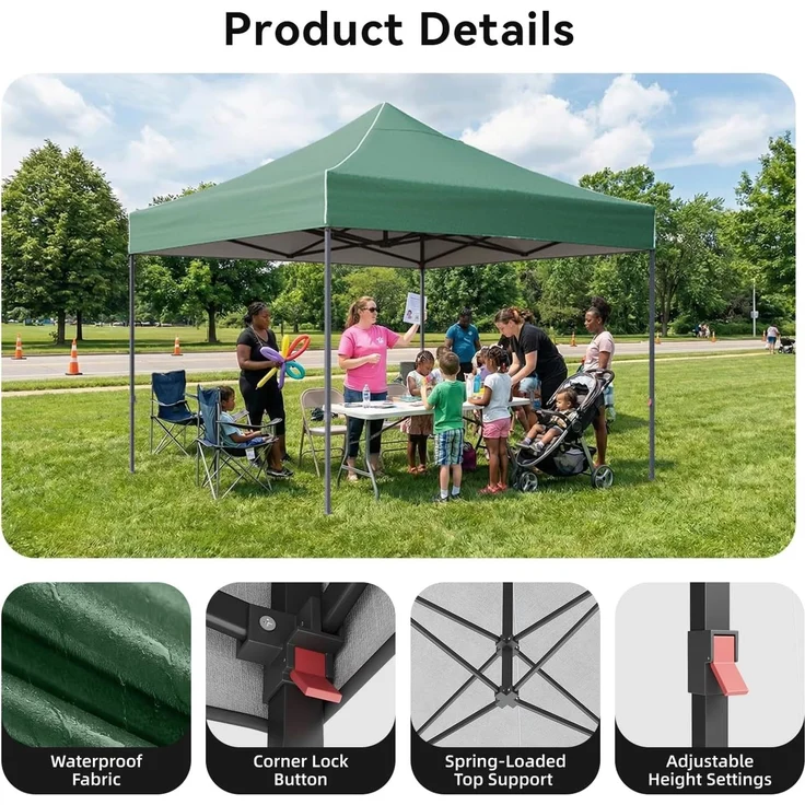Aoxun Faltpavillon 3x3m Wasserdicht Stabil, Pop Up Pavillon mit Handtasche, UV-Schutz 50+ Gartenzelt Inkl. Rolltasche, Sandbags, Partyzelt Fuer Camping, Strand, Hochzeit und Outdoor Shelter, Grün – Bild 5
