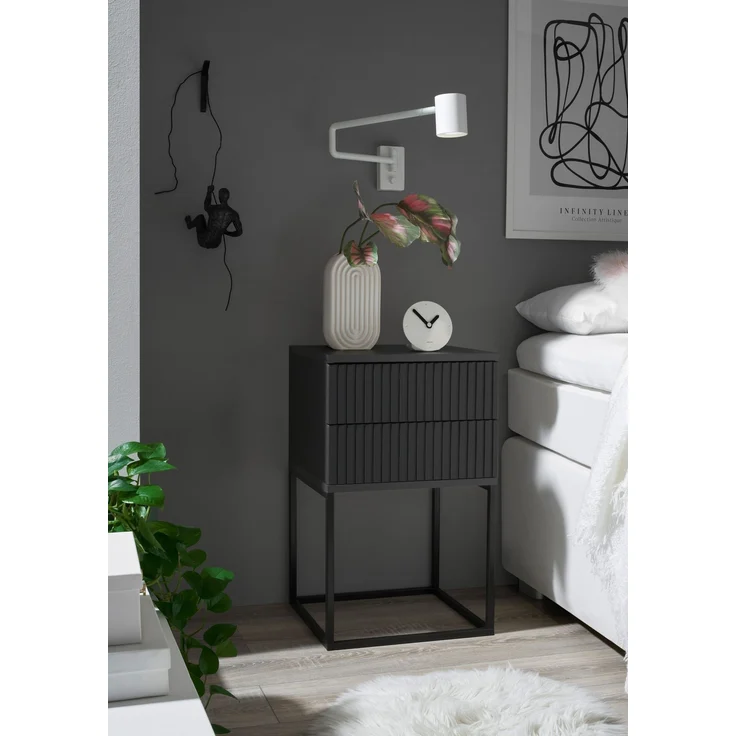 MARLE Nachttisch in Graphit - Moderner Nachtschrank mit Schubladen und schwarzem Metallgestell - 40 x 65 x 38,5 cm (B/H/T) – Bild 2