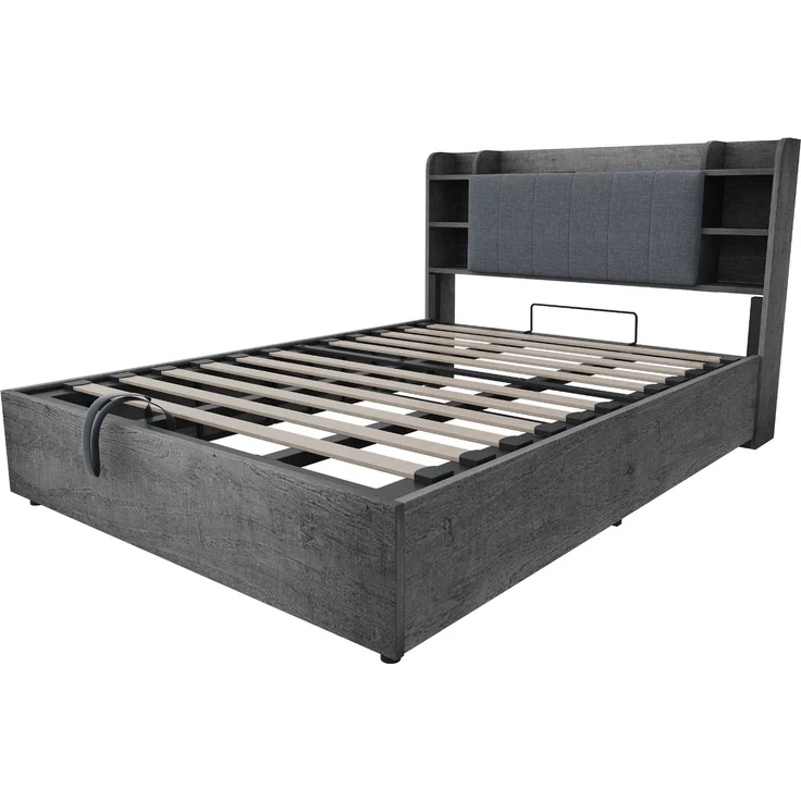 Merax Doppelbett, 180 x 200 cm, Holzbett, Hydraulisches Bett, Kopfteil mit Stauraum, Ausgestattet mit USB-Anschluss und Tape-C-Steckdose, (ohne Matratze) Grau – Bild 5