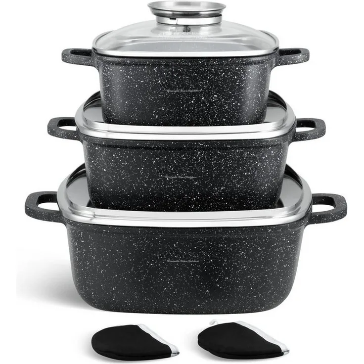 KlönBerg Topf-Set Quadratische Töpfe in 3 verschiedenen Größen, Bräter, Backtopf, Aluminiumguss, Aluminium, Keramik, Edelstahl (Passt in jede Küche! (2.3L / 4.5L / 6.5L), 6-tlg, Es ist eine perfekte Geschenkidee für jeden Anlass), Innovative Aroma Knob...