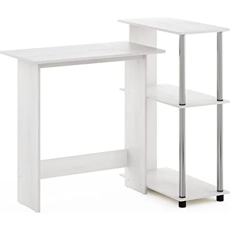 Furinno Abbott Eck-Computertisch mit Bücherregal, weiße Eiche, Edelstahlrohre – Bild 6