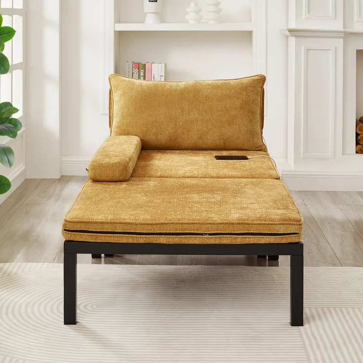 Wohnora 2-in-1-Klappschlafsofa mit Schlaffunktion und USB-/USB-C-Anschlüssen, ausziehbarer Sessel mit Kissen, platzsparendes Gästebett für Wohnzimmer, Schlafzimmer, Arbeitszimmer, Balkon, Dachboden, kleine Wohnung – Gelb, H 79 cm x T 176 cm x B 82 cm