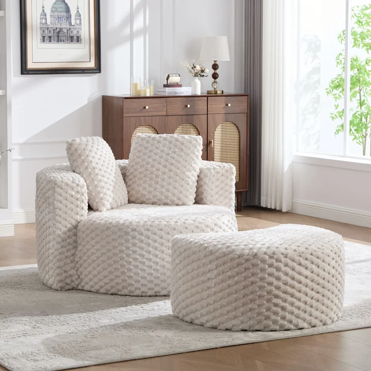 Wohnora-Riesiger knochenloser Schaumstuhl mit Hocker in einer Box, Bequemer plüschiger Kunstfell-Akzentstuhl, Einzelnes Lazy Sofa für Wohnzimmer/Schlafzimmer – Keine Montage erforderlich, Maße: 130×115×103 cm,H 65cm x T 129cm x B 116cm,Beige – Bild 3
