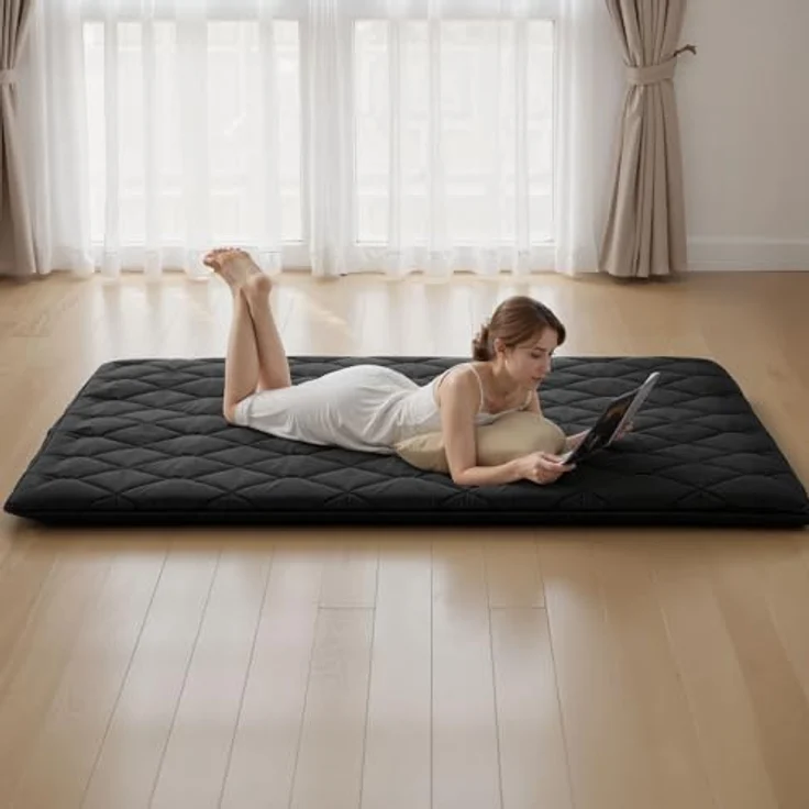 VEVOR japanische Futon-Matratze (2032 x 1524 x 89 mm), Faltbare Tatami (Queen Size), Bodenmatratze mit Aufbewahrungstasche & Befestigungsmaterial, 9-lagige Schlafmatte für Meditation Yoga, Schwarz – Bild 8