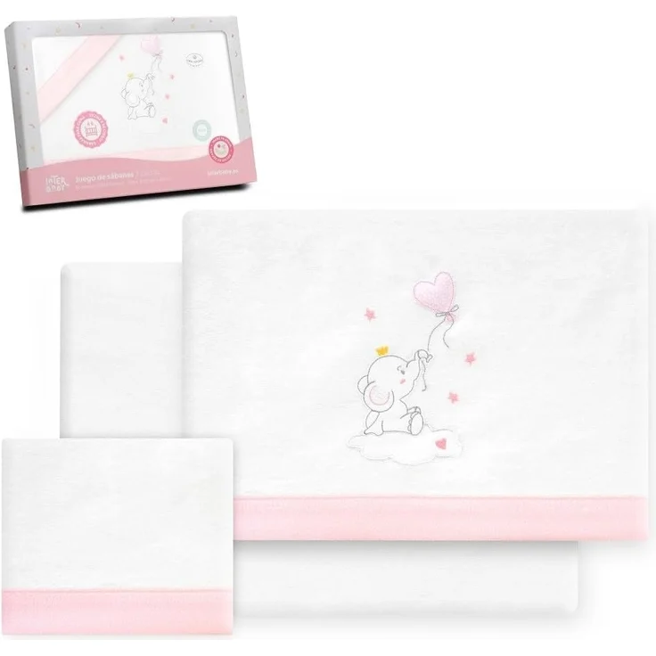 Interbaby Bettwäsche-Set für Kinderbett, 60x120 cm, 100% Baumwolle, warm, weich, inklusive Spannbettlaken, Bettbezug und Kissenbezug, ideal für den Winter, Elefantenballon Herz, Weiß/Rosa