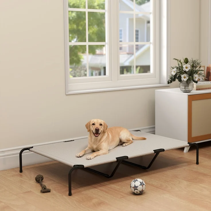 PawHut Erhöhtes Hundebett, Stahl, Texteline, Beige, 152L x 94B x 23H cm – Bild 7