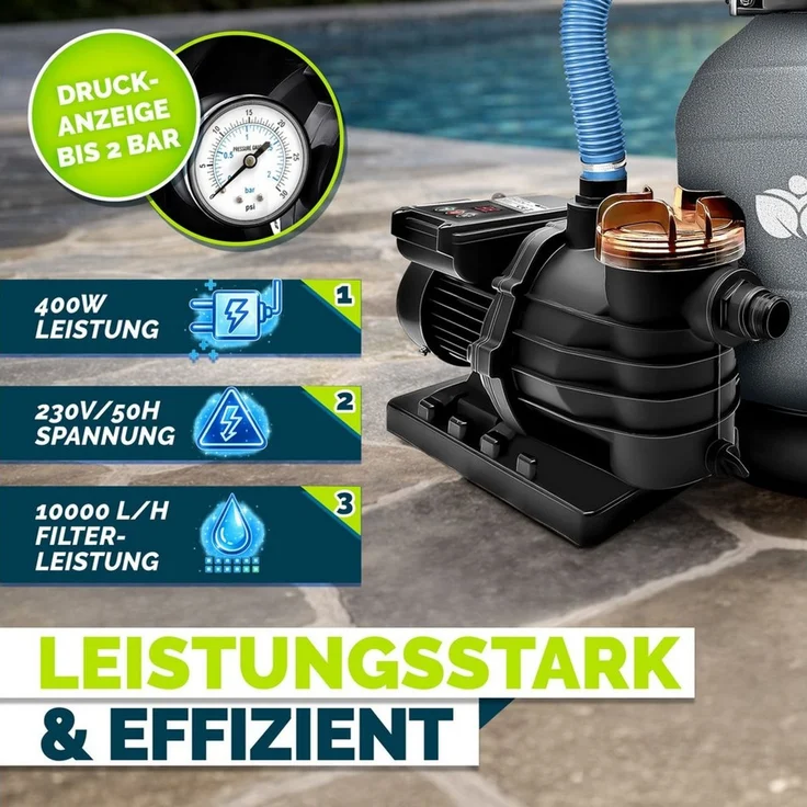 tillvex Sandfilteranlage 10 m³/h Filteranlage + 800g Filterbälle 7-Wege Ventil Poolfilter, Filterkessel mit Druckanzeige Sandfilter für Pool und Schwimmbecken – Bild 4