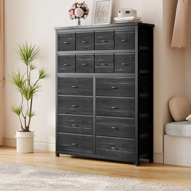 GarveeHome Hohe Kommode Mit 16 Stoffschubladen, Großzügiger Kleiderschrank Mit Metallgestell, Für Schlafzimmer Und Wohnzimmer, 103 x 30 x 130 cm – Bild 3