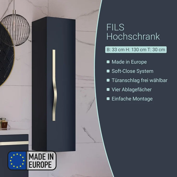 BADEDU FILS Hochschrank 33 cm breit, Blau, Griff Silber – Bild 3