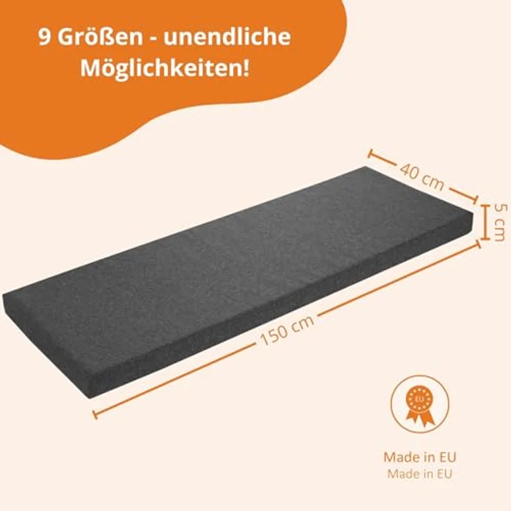 sleepling Bankauflage dunkelgrau 150x40 cm, Bankkissen, Sitzkissen für Fensterbank, Bezug waschbar, Unterseite Antirutsch, Made in EU – Bild 6