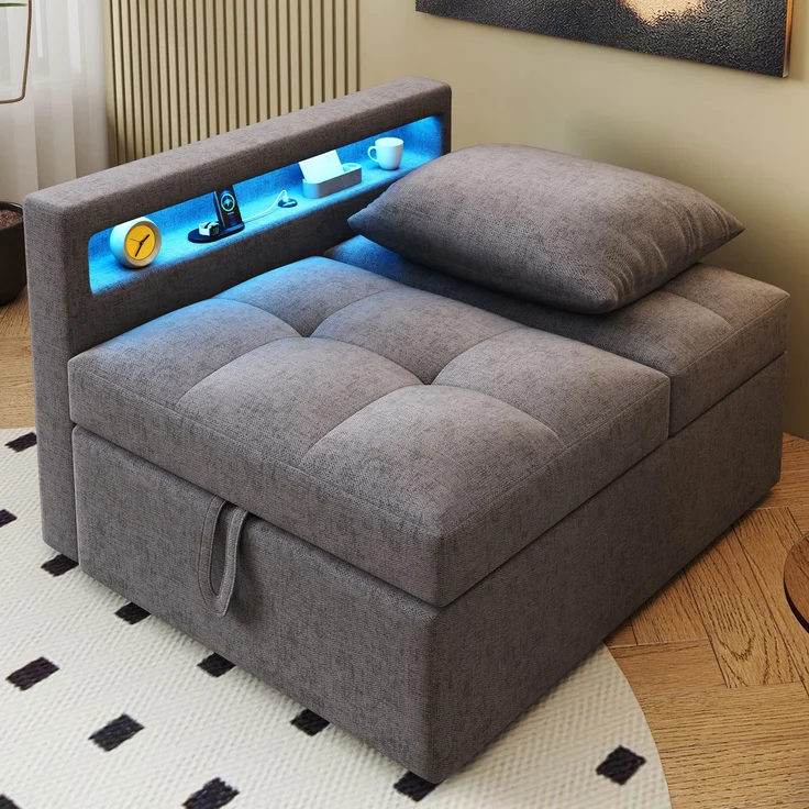 Merax Polsterbett Schlafsofa 3 in 1 Multifunktions-Schlafsofa, Leinenstoffsofa mit verstellbarer Rückenlehne, Die Armlehne verfügt über LED-Lichtleisten und USB-/Typ-C-Anschlüsse, Dunkelgrau – Bild 5