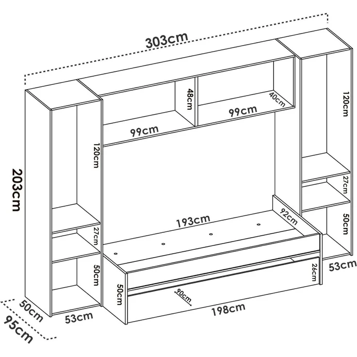 Dmora - Kinderbett Venturosa, Komplettes Schlafzimmer mit Bridge-Kleiderschrank und Kommode, Komposition mit Bett und Einzelausziehbett, 303 x 97 x 203 cm, Eiche und Weiß – Bild 3