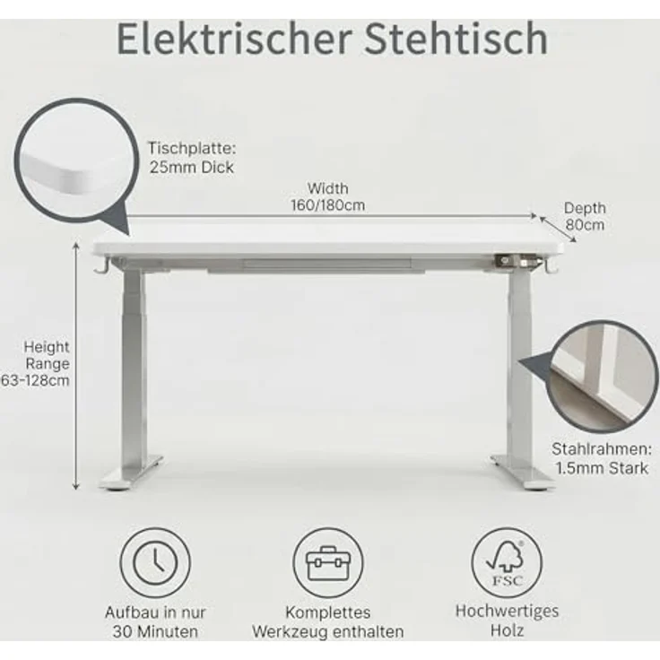 Devoko Höhenverstellbarer Schreibtisch 180x80 cm elektrisch, Höhenverstellung 63-128 cm mit Smart Control, 125 kg Tragkraft, für gesundes Arbeiten – Bild 3