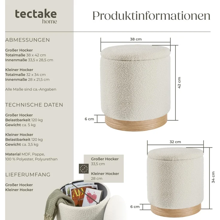 tectake Sitzhocker 2er Set Sitzhocker mit Stauraum, rund – Bild 2