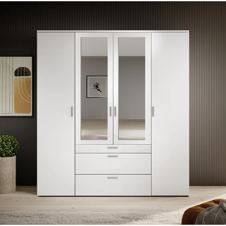 Drehtürenschrank >Vesala< 4 Türen, 3 Schübe, Weiß / Spiegel - 180x195x56cm (BxHxT) – Bild 4