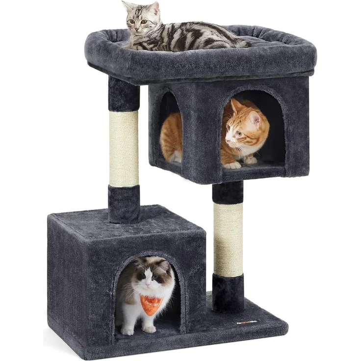 Feandrea Kratzbaum, 84 cm Katzenbaum, L, Katzenhaus für große Katzen bis zu 7 kg, große Plattform, 2 Katzenhöhlen, Sisalstämme, rauchgrau PCT61G – Bild 1