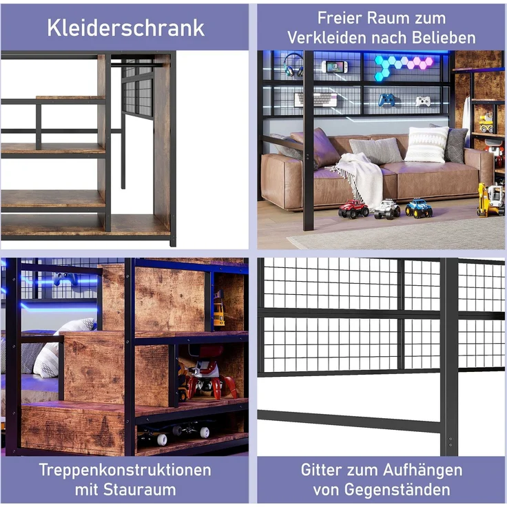Hochbett mit RGB LED-Streifen, Rausfallschutz, 140x200cm, Treppe mit Regal und Kleiderschrank, Kinderbett, Metallbett – Bild 5