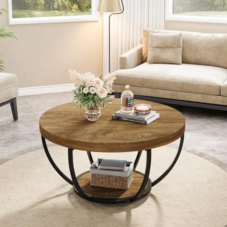 LITTLE TREE Runder Couchtisch, 81,3 cm, runder Couchtisch für Wohnzimmer, 2-stöckiger Holzakzent-Mitteltisch mit offenem Stauraum, Industrie-Design, Wohnmöbel, Hellbraun – Bild 8