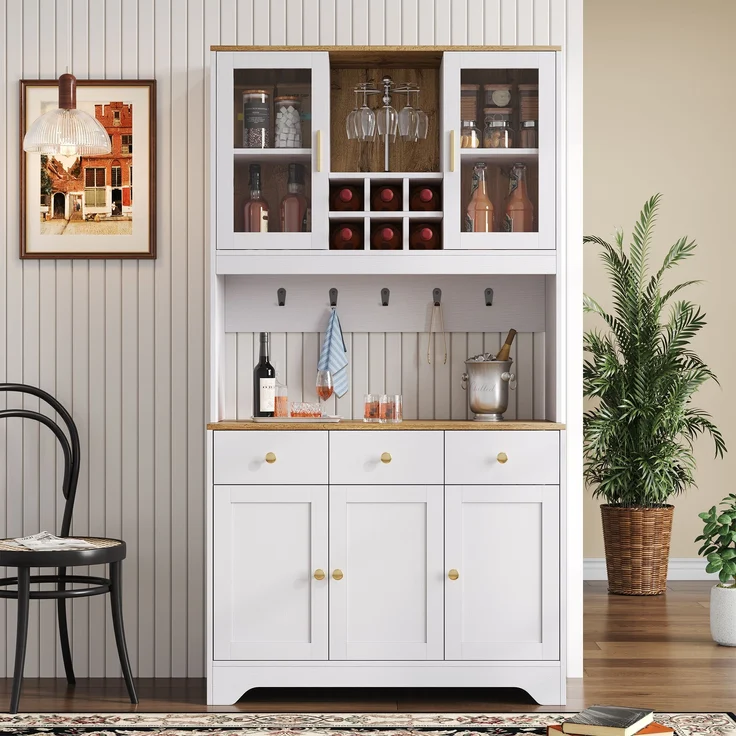 Hochschrank aus MDF mit Glastüren & Schubladen, 94,5x30x175,5 cm, Weiß/Holzoptik – Bild 3