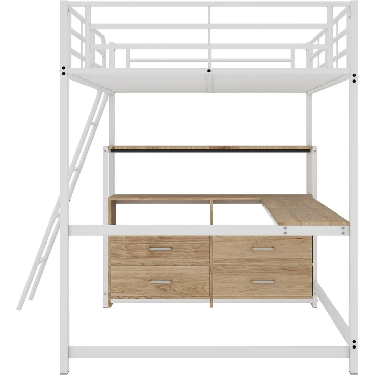 EINHOM Hochbett, 140 x 200 cm, Eisenrahmenbett, Praktische Schubladen, Stilvoller L-förmiger Schreibtisch, Laminatdesign, Weiß (Ohne Matratze) – Bild 7