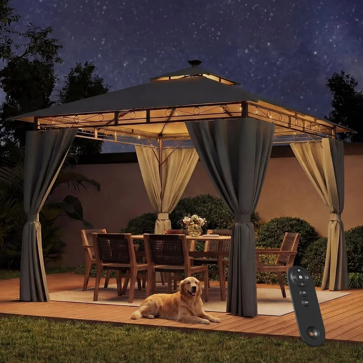 JUMMICO Garten Pavillon 3 x 3 m mit Beleuchtung, wasserdichter,Pavillon 3x3 wasserdicht stabil, geeignet für Garten und Terrasse, mit Vier Seitenwänden zum Schutz vor Sonne und Regen, Grau