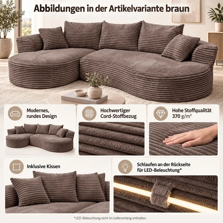 Sofa-Garnitur HWC-P19, 3-Sitzer Couch Loungesofa, Stoff/Textil Cord (370 g/m²) Liegefläche links ~ braun – Bild 2