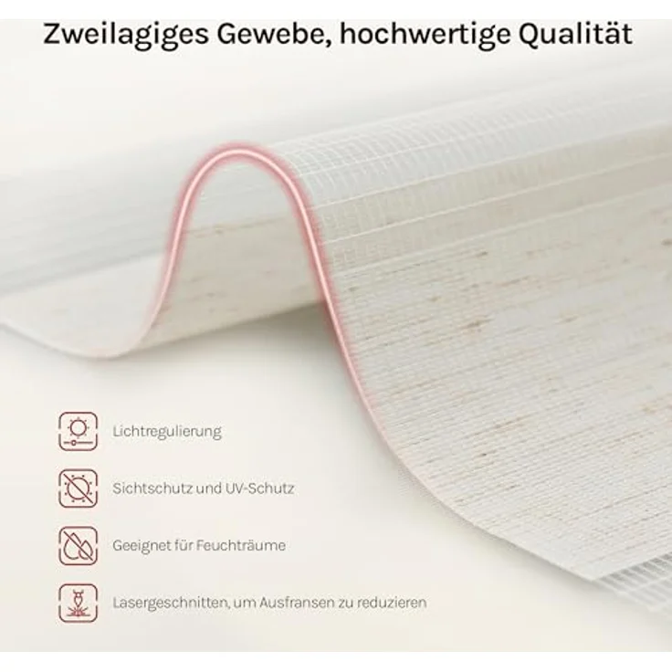WOLTU Doppelrollo Klemmfix ohne Bohren Holzlook Buche B75 x H150 cm, Duo Rollo Zebrarollo Fensterrollo Klemmrollo Seitenzugrollo Easyfix lichtdurchlässig & verdunkelnd Rollos für Fenster und Tür – Bild 6