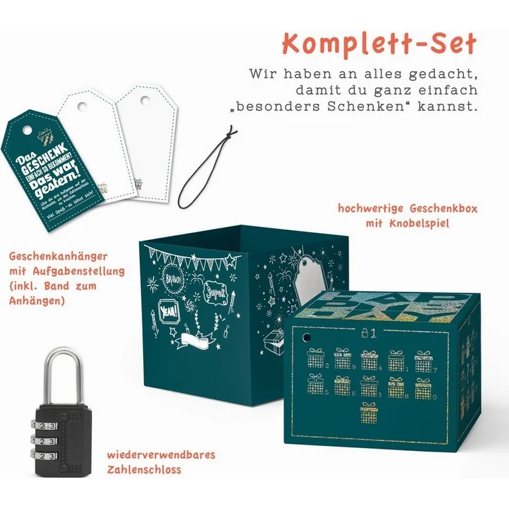 SURPRISA Geschenkbox mit Rätsel und Schloss, mit Glitzerfolie veredelt – Bild 2