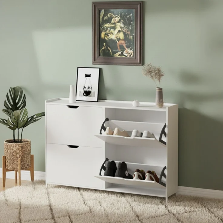 Bellamio 'Ceyhan' Schuhschrank mit 4 Klappen, schmales Schuhregal, weiß, 100x19x90 cm, Schuhkipper für 8 paar Schuhe – Bild 2