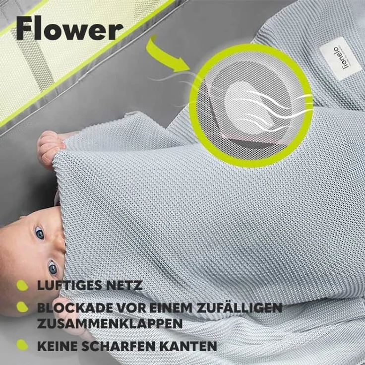 Lionelo Flower 4in1 Reisebett Baby mit Seiteneingang, Wickeltisch, Zwei Matratzenaufhängungshöhen, Spielzeugbogen mit Spielfiguren, Rollen, Tragetasche – Bild 7