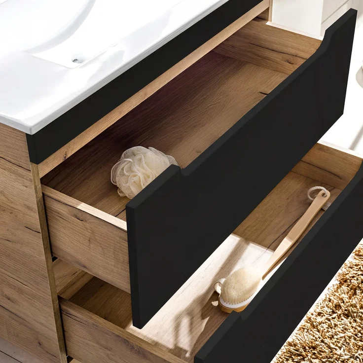 Badmöbel Komplettset in anthrazit seidenmatt mit Eiche Nb. NEW-LUTON mit 81 cm Keramik-Waschtisch & LED-Spiegel, B/H/T ca. 180/200/46 cm – Bild 2
