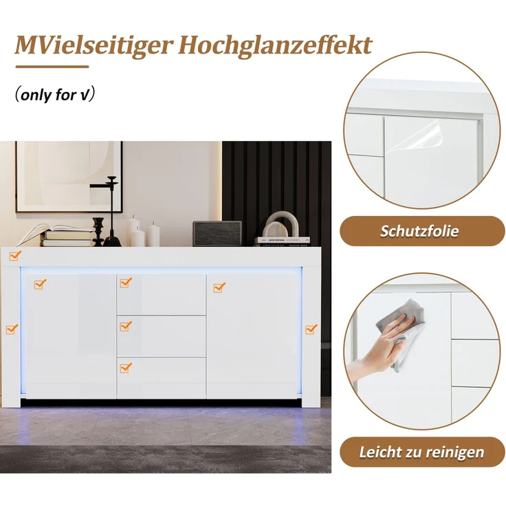 DESVIAE Sideboard mit LED-Beleuchtung, 2 Türen und 3 Schubladen 140x65x40 cm MDF Weiß – Bild 6
