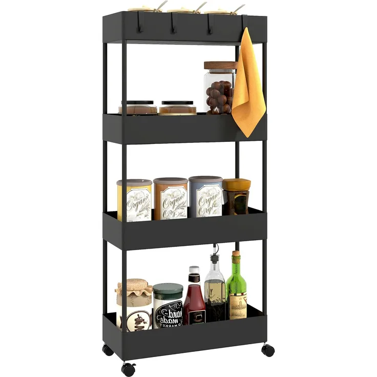 Küchenwagen mit 4 Regalen, 4 flexiblen Haken, 4 Rollen, 40 cm x 19 cm x 90 cm, Nischenwagen, Schwarz--Schwarz--40x19x90cm--YOUDENOVA